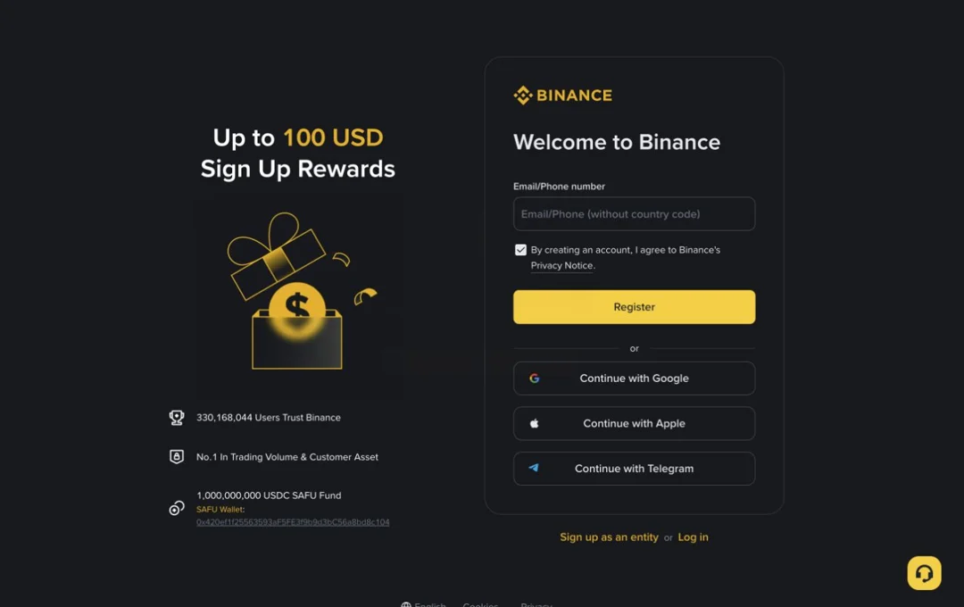 English Binance registration screen with an empty email or phone field, Register button, Google, Apple and Telegram options, and a separate entity-account link.