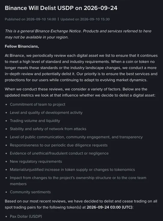 Binance announcement page titled Binance Will Delist USDP on 2026-09-24, showing the review factors and the 03:00 UTC trading cut-off for Pax Dollar