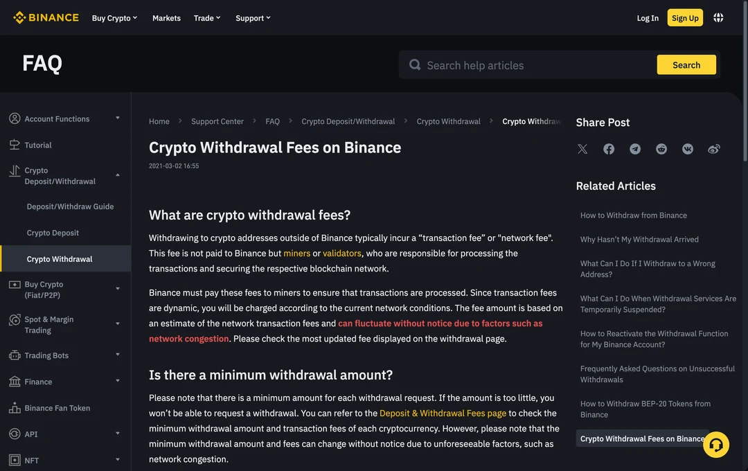 Binance public help page explains that withdrawal fees and minimum withdrawal amounts can change