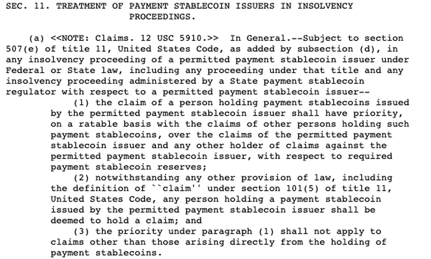 美国 GENIUS 法案官方全文页英文原文，标题 SEC. 11. TREATMENT OF PAYMENT STABLECOIN ISSUERS IN INSOLVENCY PROCEEDINGS，下面是 (a) 款导语及第 (1)(2)(3) 项全文，讲持币人对法定储备的优先请求权、视为持有请求权和优先权的边界