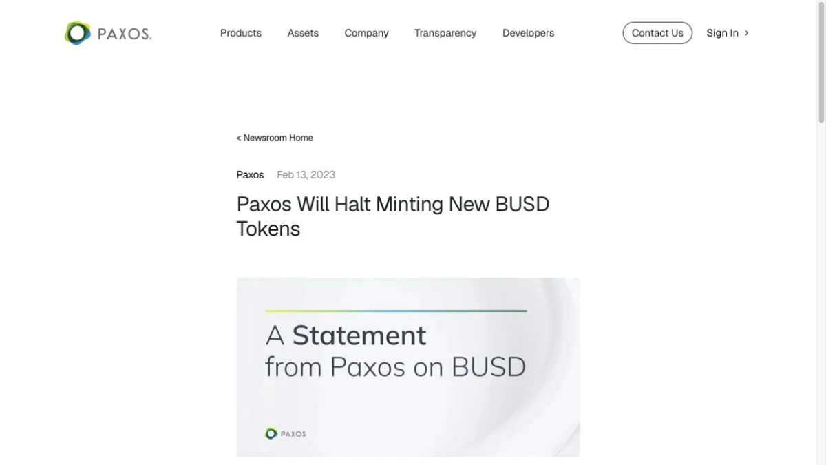 หน้าเว็บ Paxos แสดงประกาศหยุดออก BUSD ใหม่ พร้อมวันที่ 13 กุมภาพันธ์ 2023