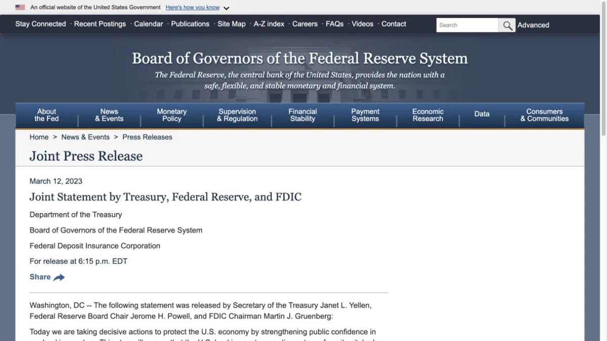 Federal Reserve website showing the March 12, 2023 joint statement by the Treasury, Federal Reserve and FDIC