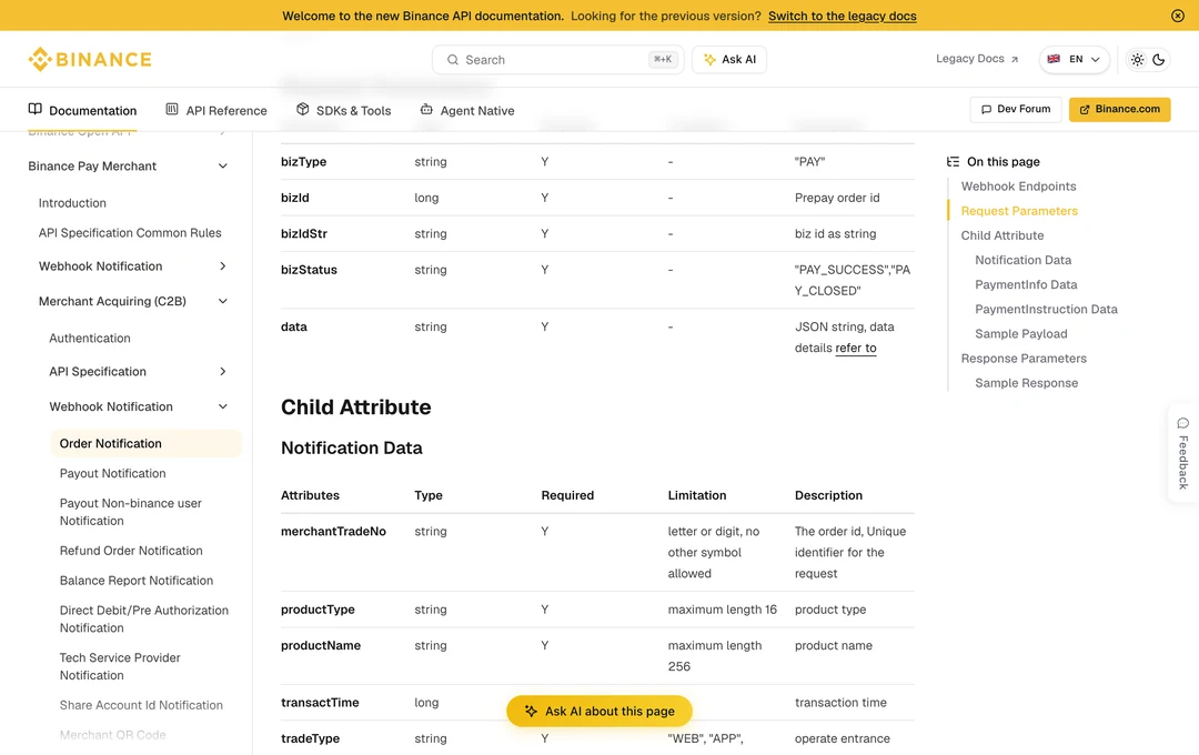 Binance Pay 官方订单通知文档中的订单号、币种、付款金额和合同手续费字段