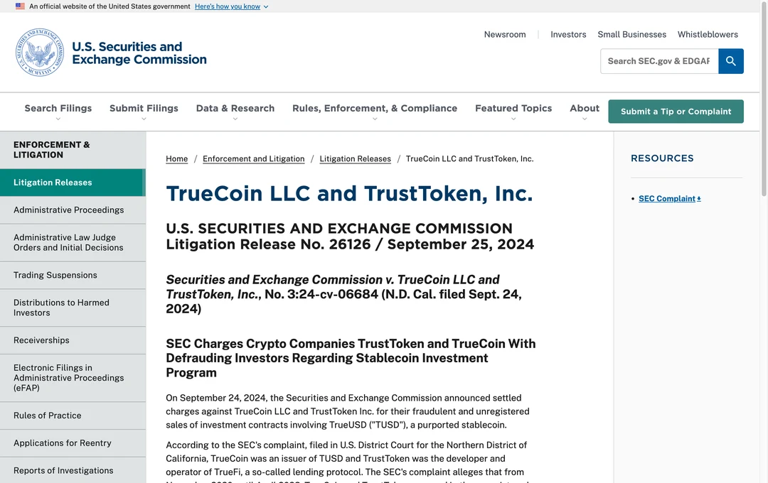 SEC 第26126号诉讼公告，列出2024年对TrueCoin和TrustToken的指控