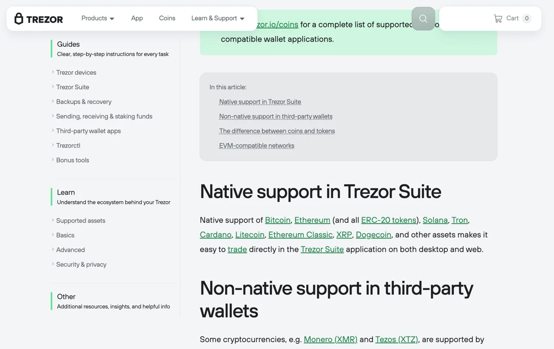 Trezor 官方帮助页区分 Suite 原生支持与第三方钱包支持